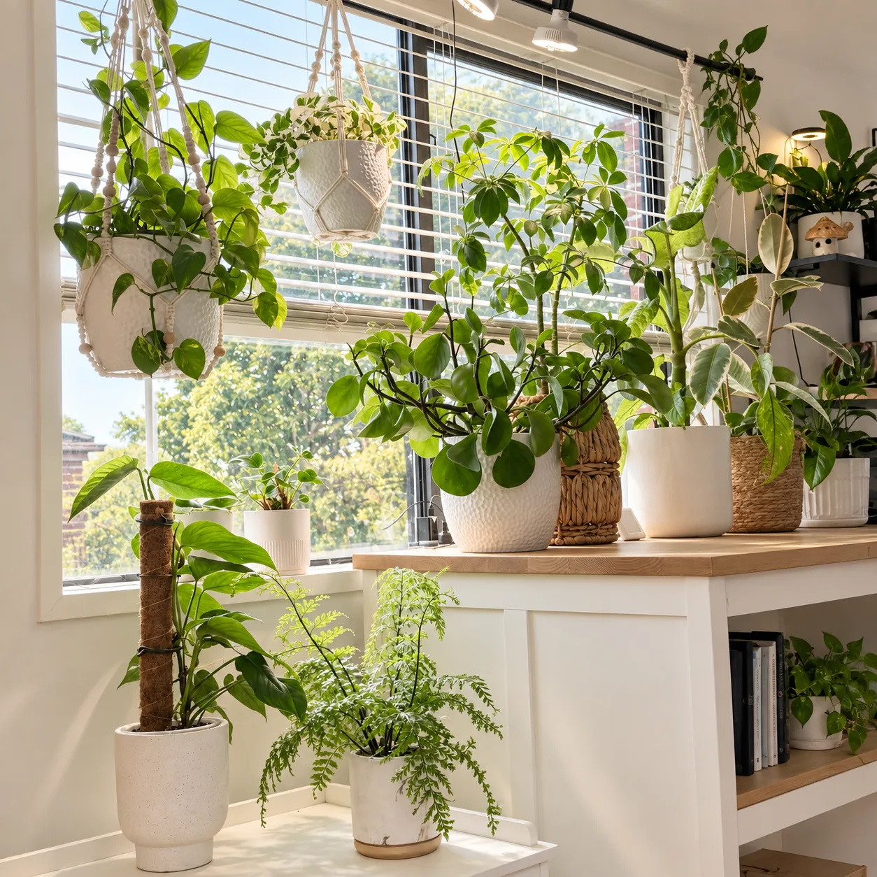 A bright home plant collection gathered around a sunlit window, with hanging plants and potted plants on shelves.